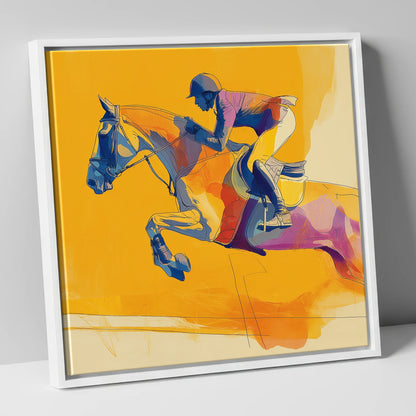 Vivid Golden Flight show jumping horse canvas wall art in white frame
