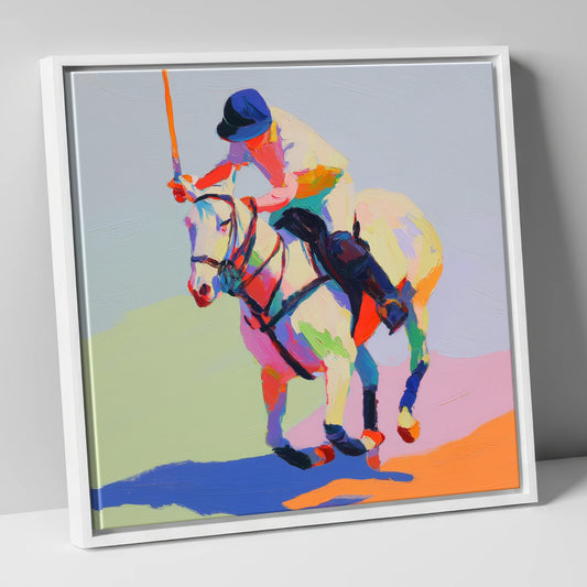 Vibrant Polo Drive polo horse canvas wall art in white frame