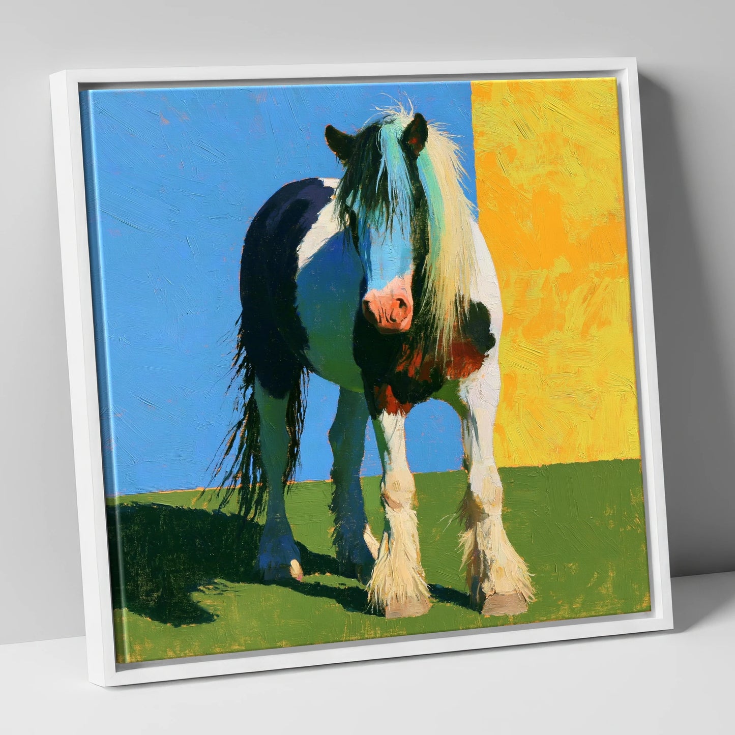 Piebald Cob in Vibrant Sun horse breed canvas wall art in white frame