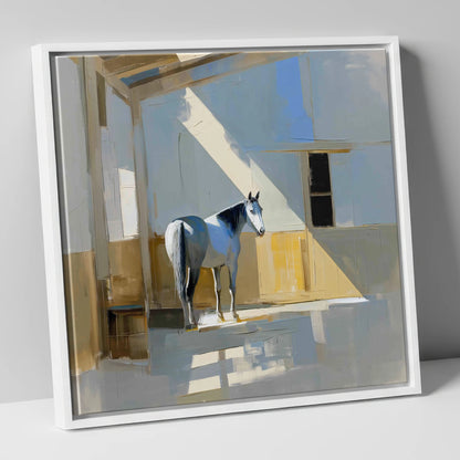 The Sunlit Grey horse stable canvas wall art in white frame
