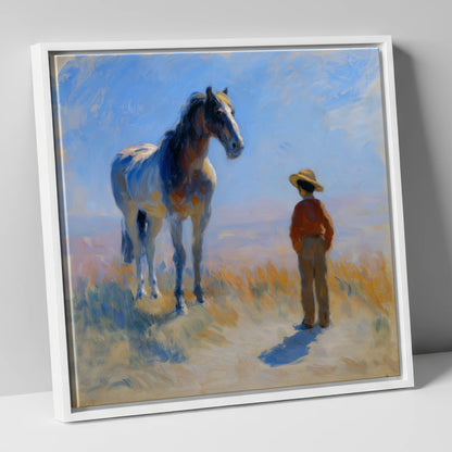 A Quiet Understanding horse & rider canvas wall art in white frame