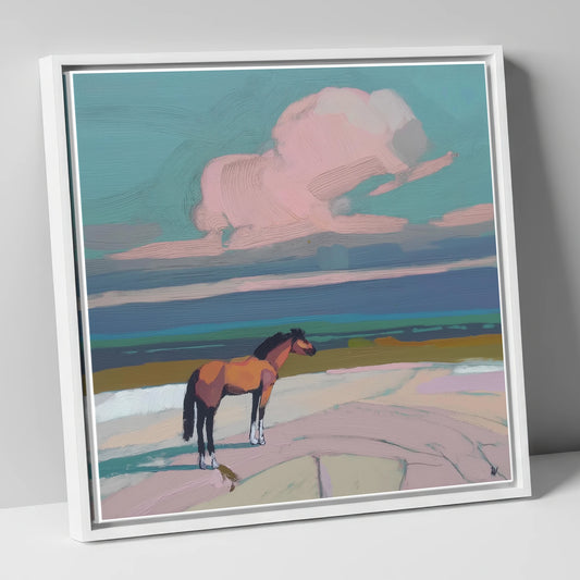 Rose Cloud Horizon horse landscape canvas wall art in white frame
