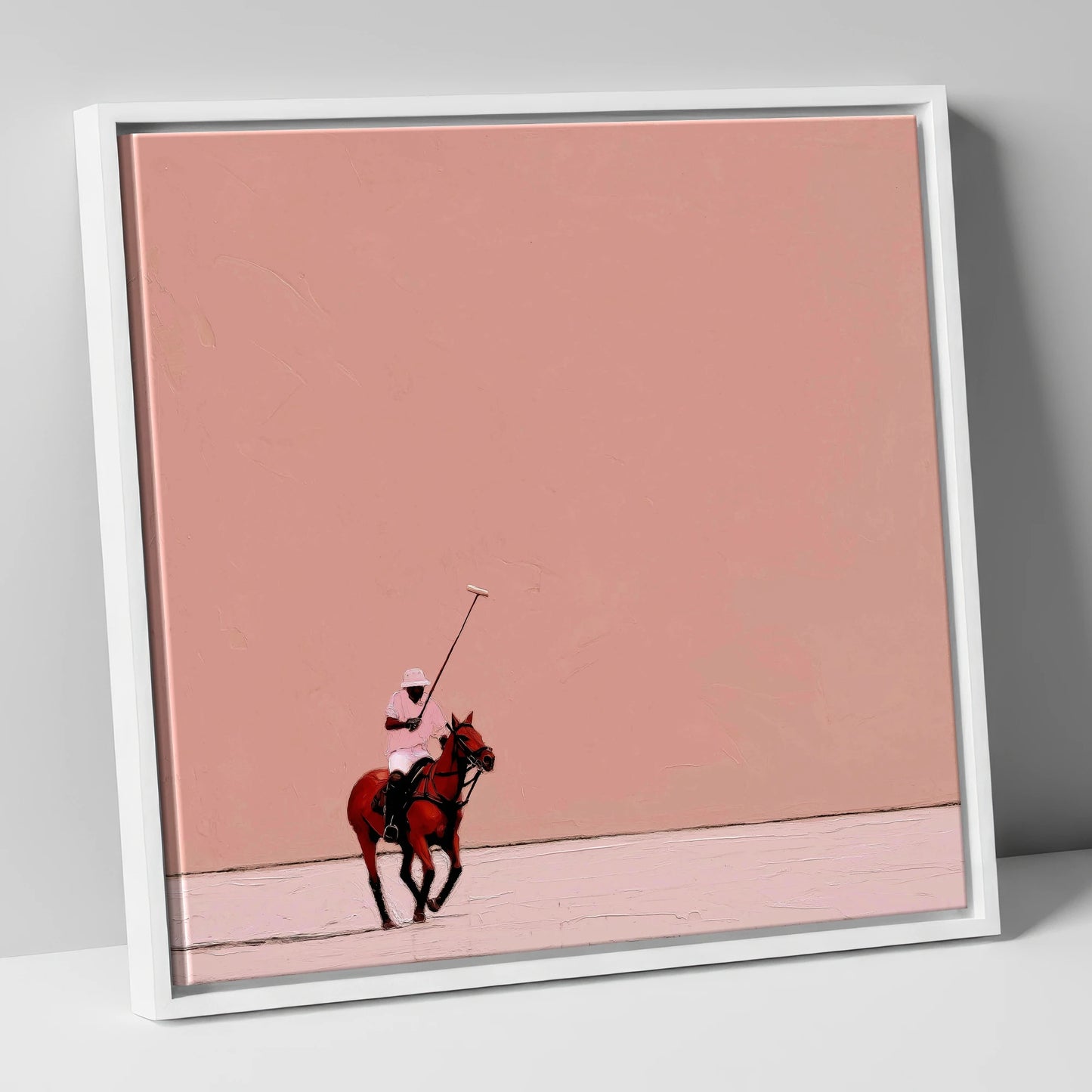Dusty Rose Chukka polo horse canvas wall art in white frame