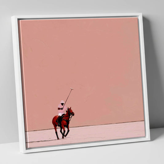 Dusty Rose Chukka polo horse canvas wall art in white frame