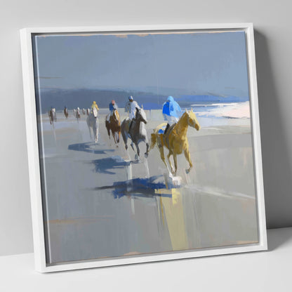 Coastal Morning String racing horse canvas wall art in white frame