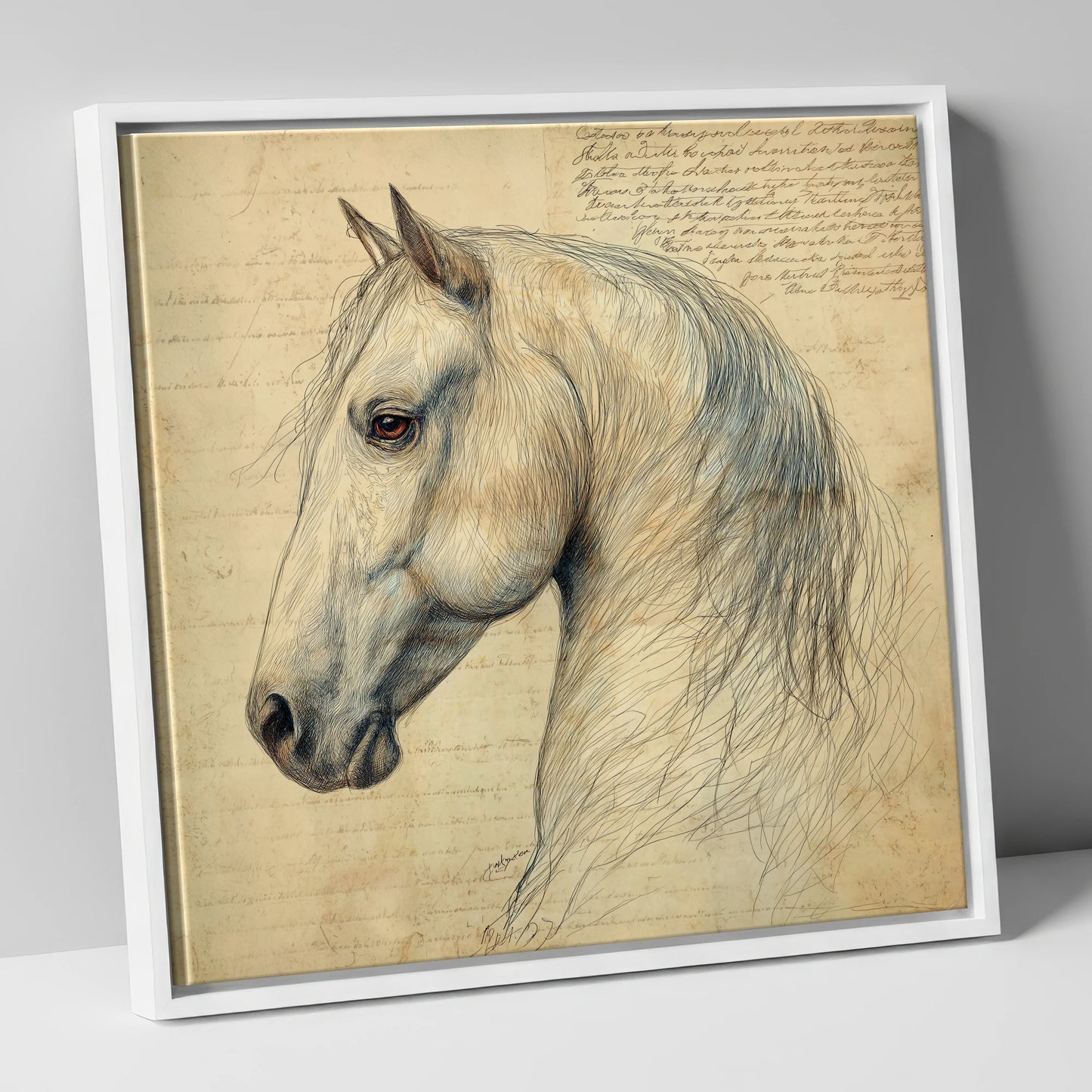 Classical Equine Study horse portrait canvas wall art in white frame