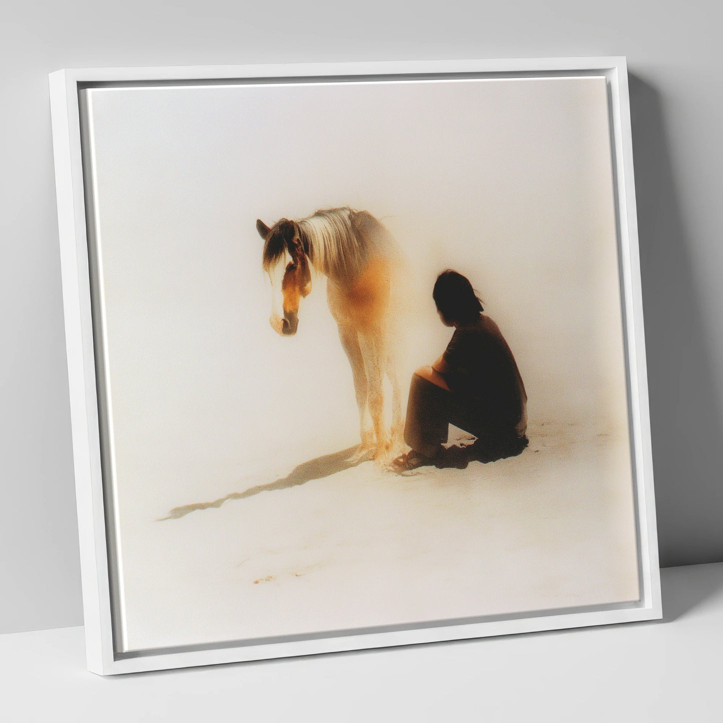 Quiet Presence horse & rider canvas wall art in white frame