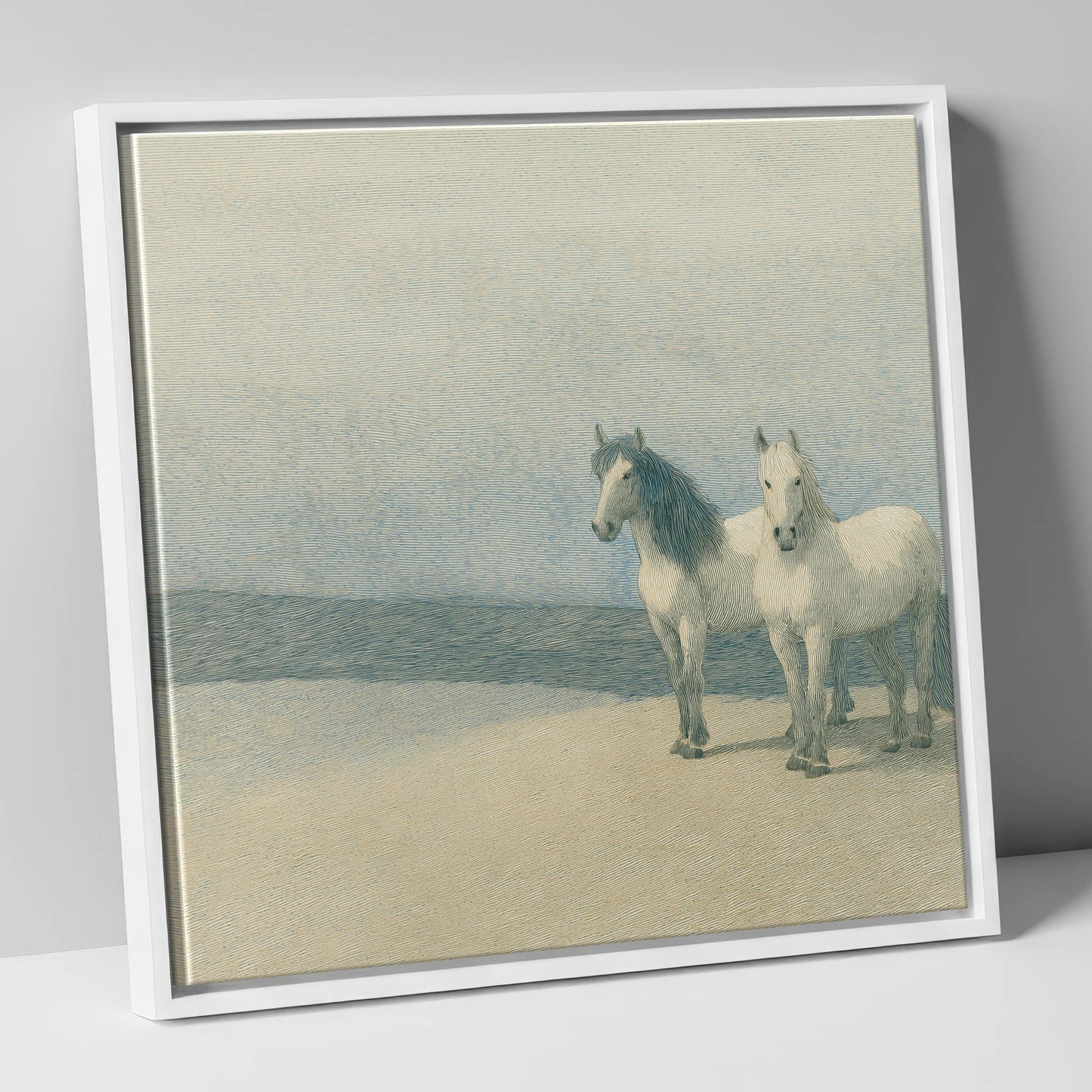 Slate Blue Companions horse landscape canvas wall art in white frame