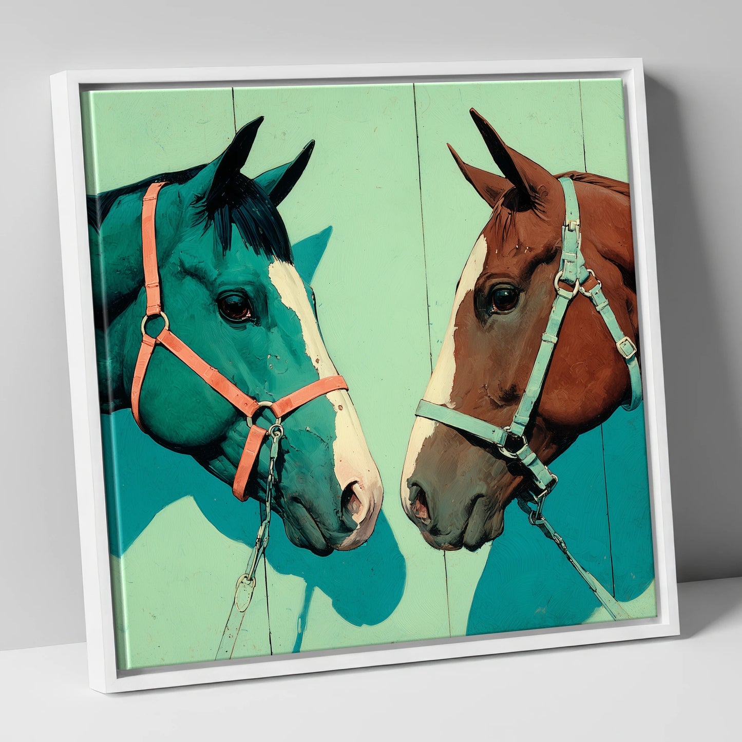 Vivid Companions horse portrait canvas wall art in white frame