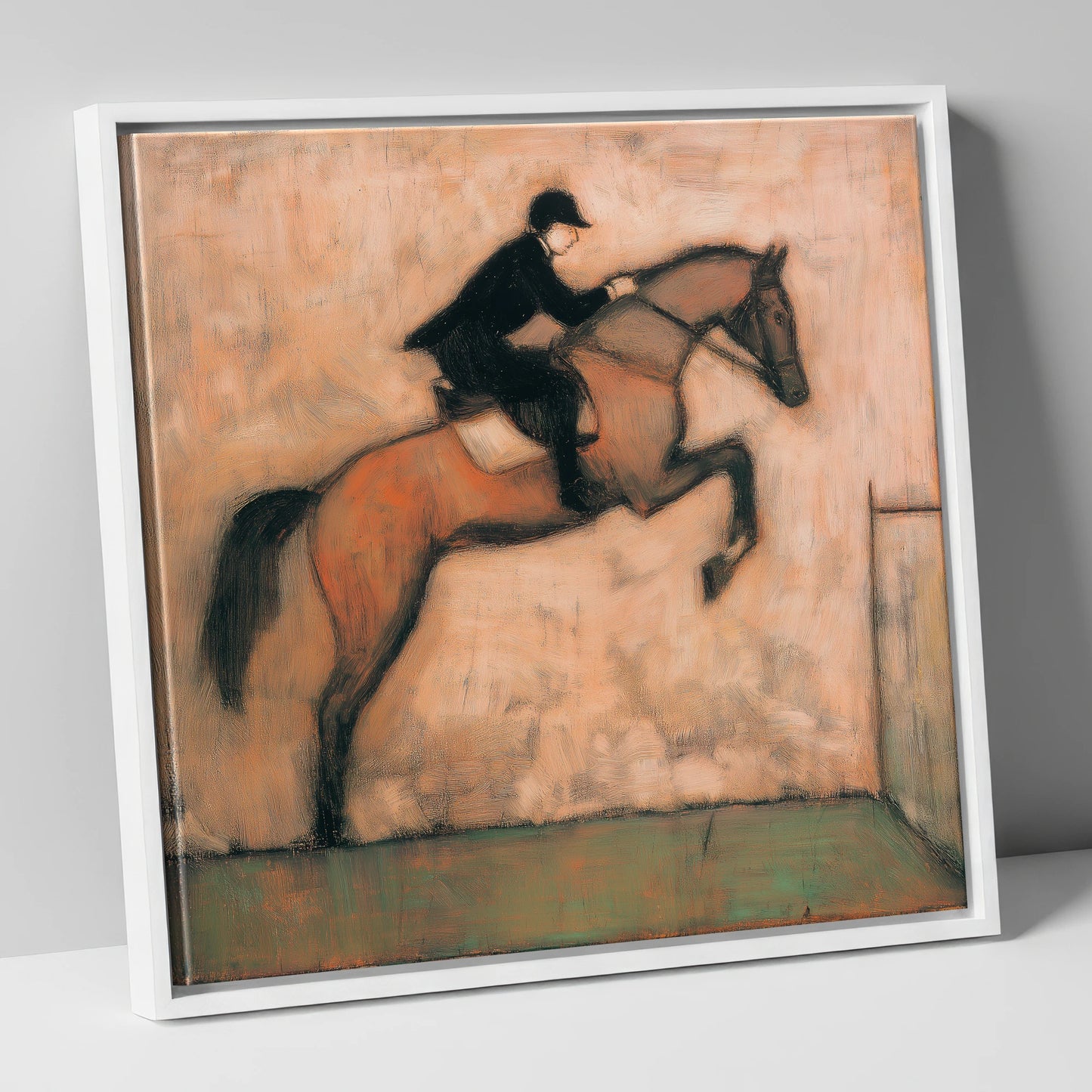 The Perfect Arc show jumping horse canvas wall art in white frame