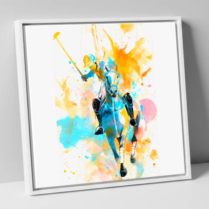 The Decisive Strike polo horse canvas wall art in white frame