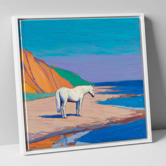 Vibrant Coastal Solitude horse landscape canvas wall art in white frame