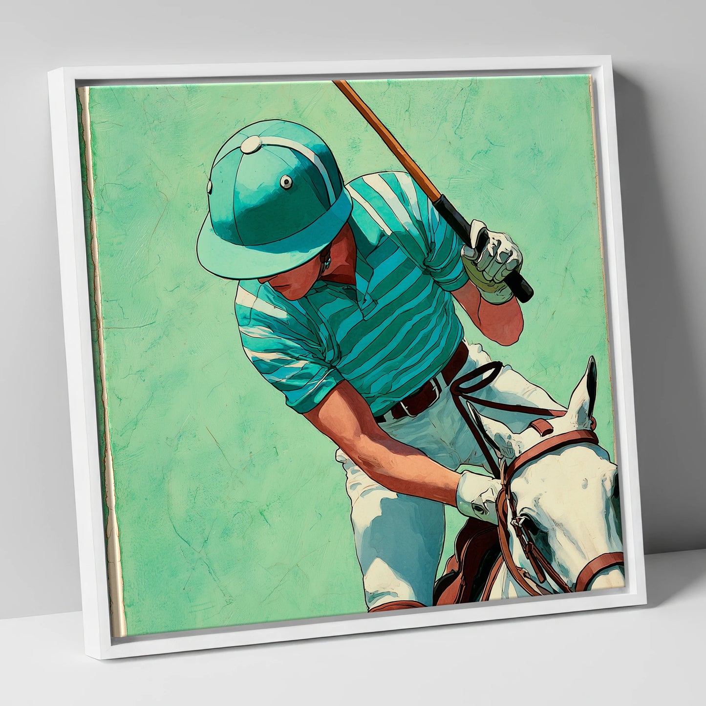 The Striker's Focus polo horse canvas wall art in white frame