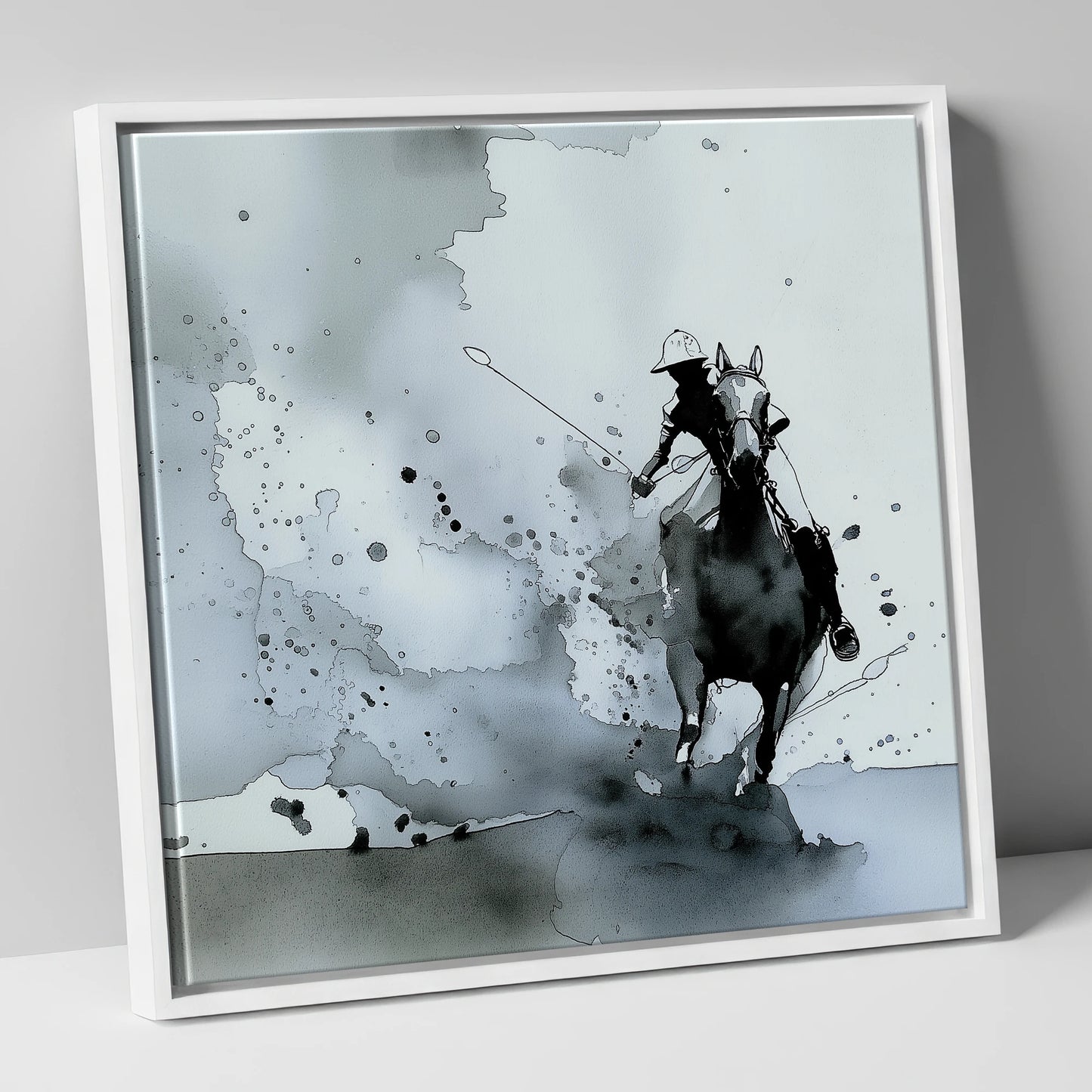 Out of the Mist polo horse canvas wall art in white frame