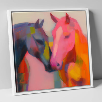 Vibrant Companions horse portrait canvas wall art in white frame