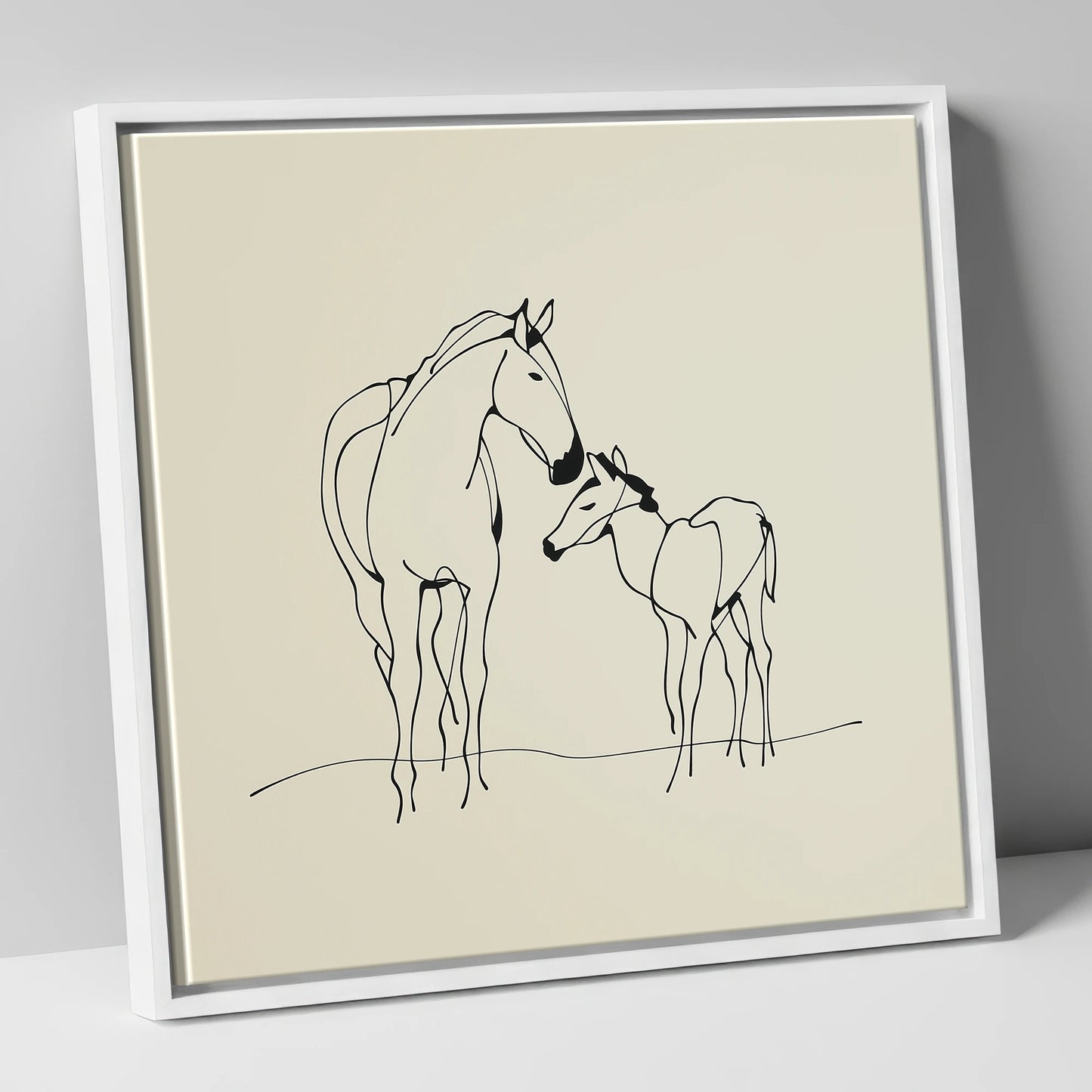 Quiet Maternal Bond mare & foal canvas wall art in white frame