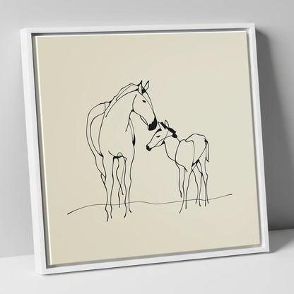 Quiet Maternal Bond mare & foal canvas wall art in white frame