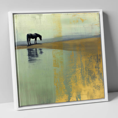 Gilded Solitude horse landscape canvas wall art in white frame