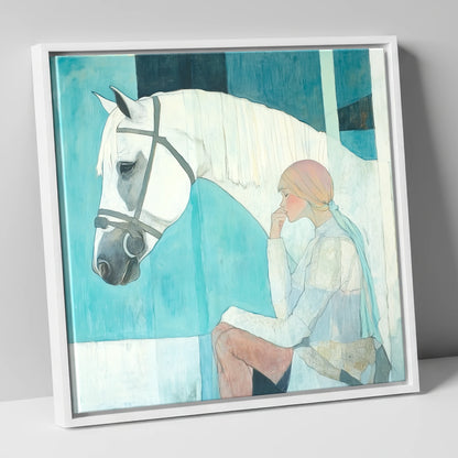 Quiet Contemplation horse & rider canvas wall art in white frame