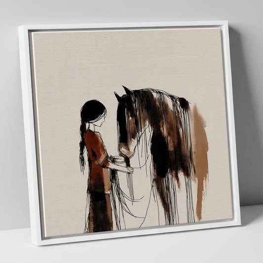 Girl and Horse in Sepia Ink horse & rider canvas wall art in white frame