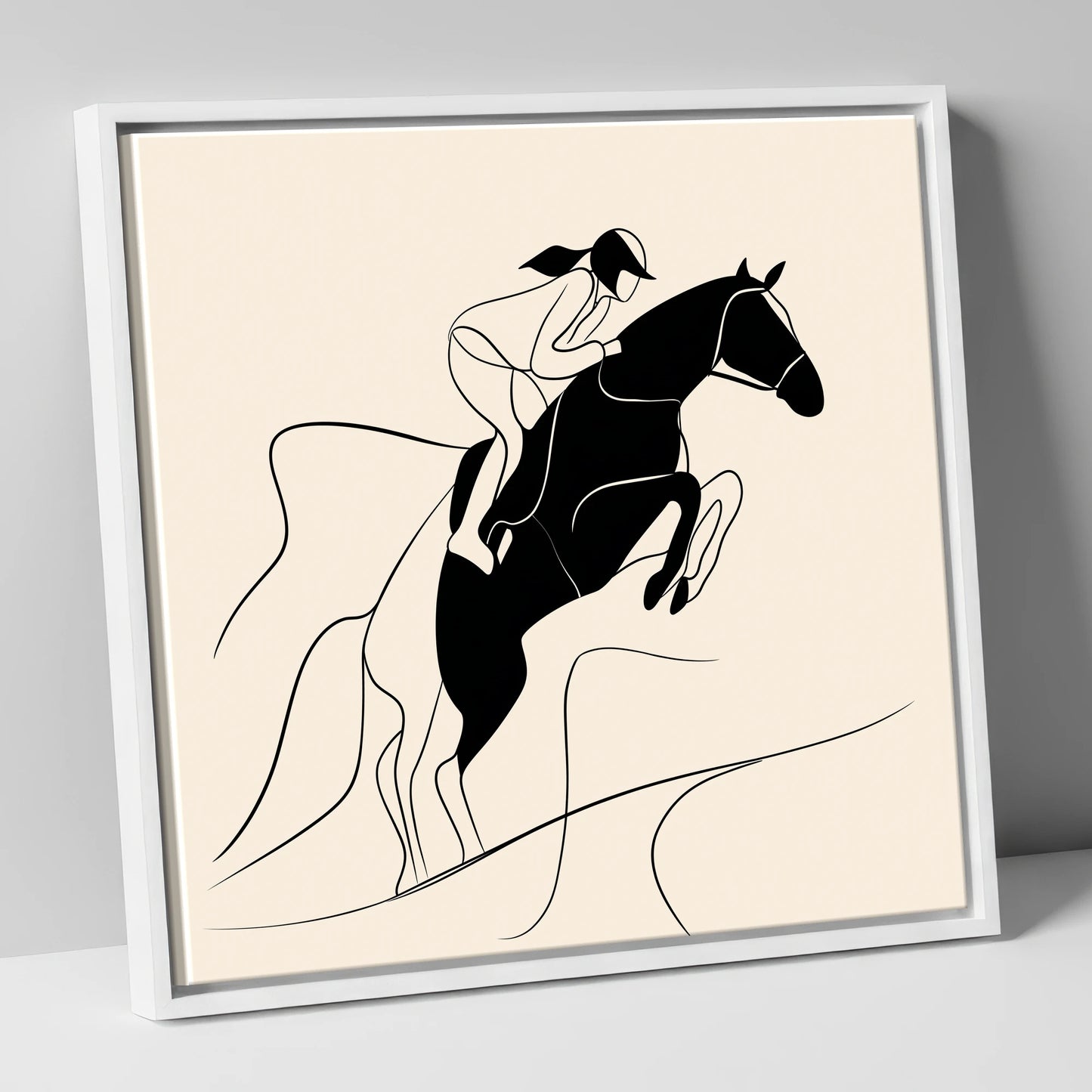 Fluid Ascent show jumping horse canvas wall art in white frame