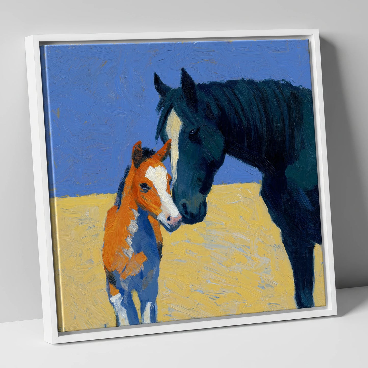 Sun-Drenched Bond mare & foal canvas wall art in white frame
