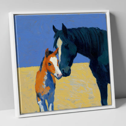 Sun-Drenched Bond mare & foal canvas wall art in white frame