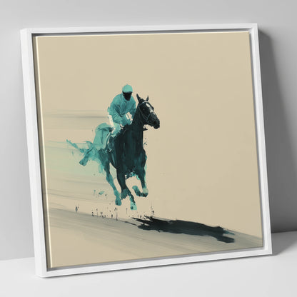 Velocity in Teal racing horse canvas wall art in white frame