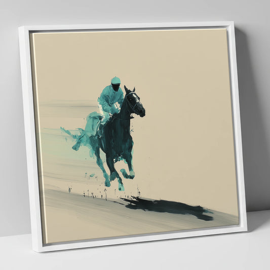Velocity in Teal racing horse canvas wall art in white frame
