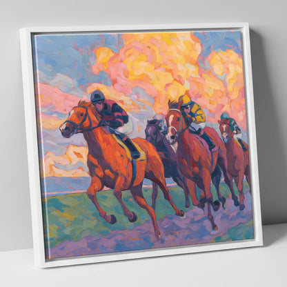 Thundering Sunset racing horse canvas wall art in white frame