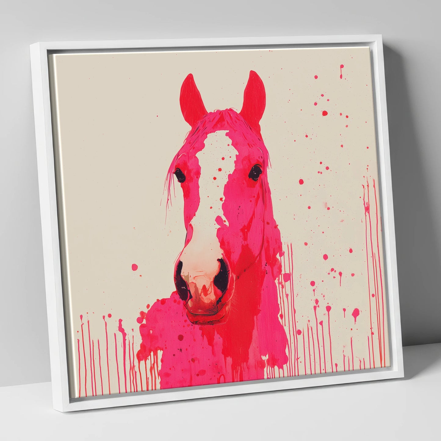 Vibrant Magenta Blaze horse portrait canvas wall art in white frame