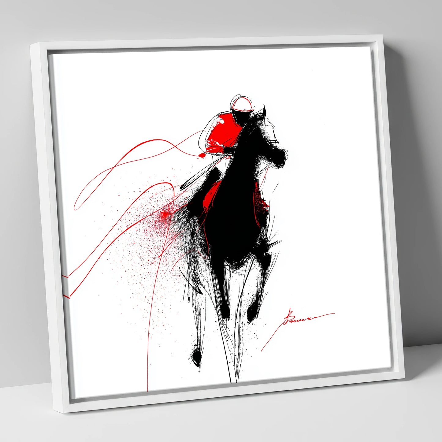 Crimson Gallop racing horse canvas wall art in white frame
