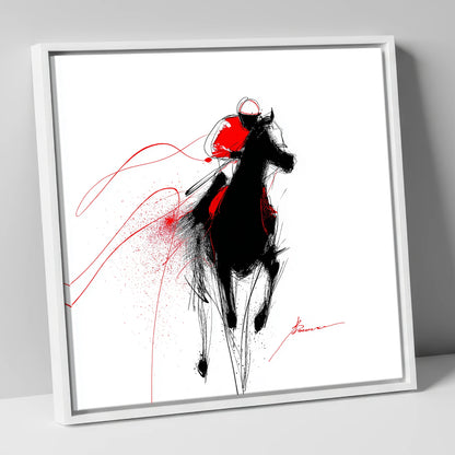 Crimson Gallop racing horse canvas wall art in white frame