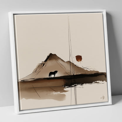 Quiet Mountain Silhouette horse landscape canvas wall art in white frame