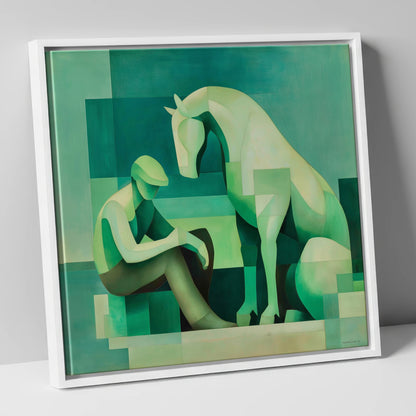 Silent Conversation horse & rider canvas wall art in white frame