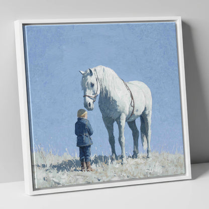 A Quiet Trust horse & rider canvas wall art in white frame