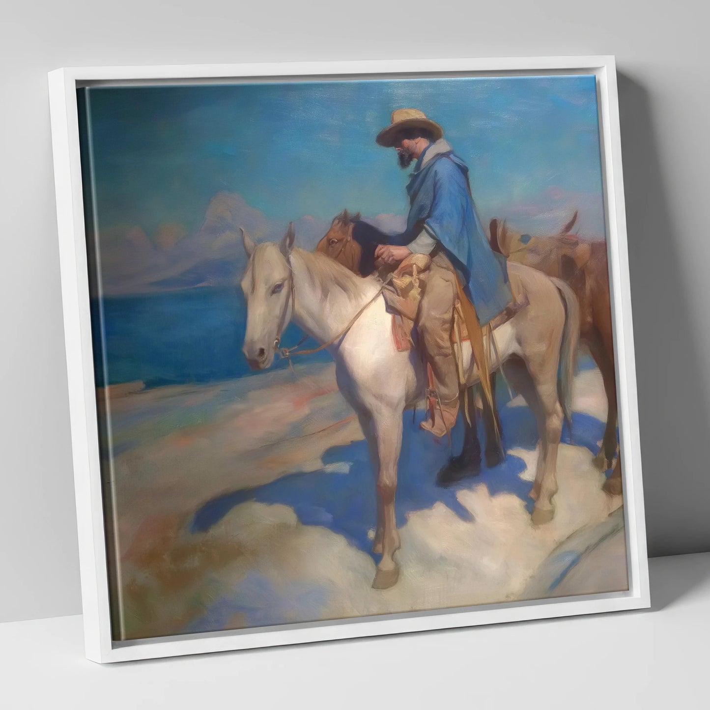 The Azure Trail western horse canvas wall art in white frame