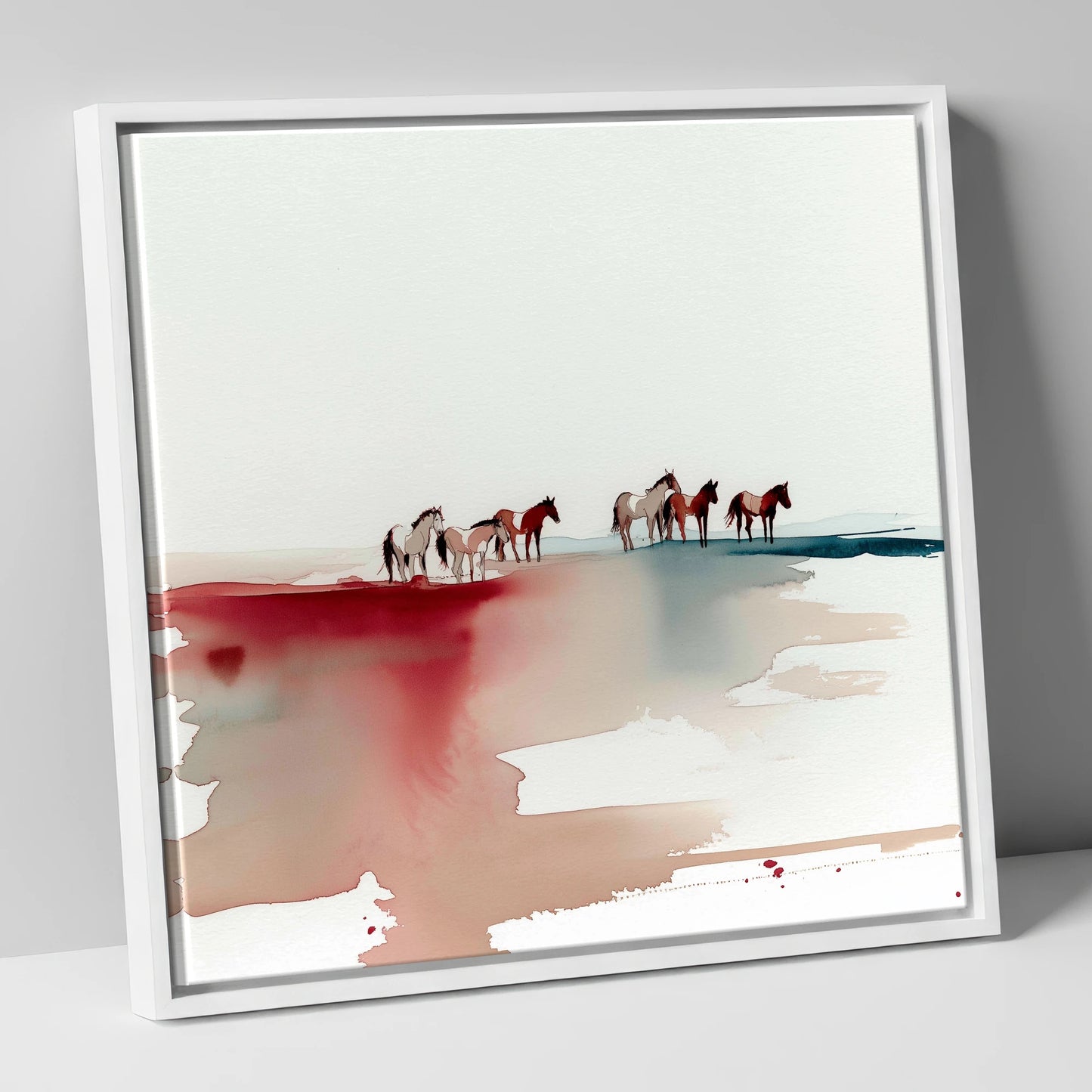 Crimson Horizon Herd horse landscape canvas wall art in white frame