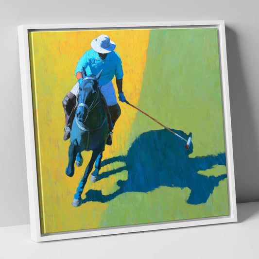 High Goal Sunlight polo horse canvas wall art in white frame
