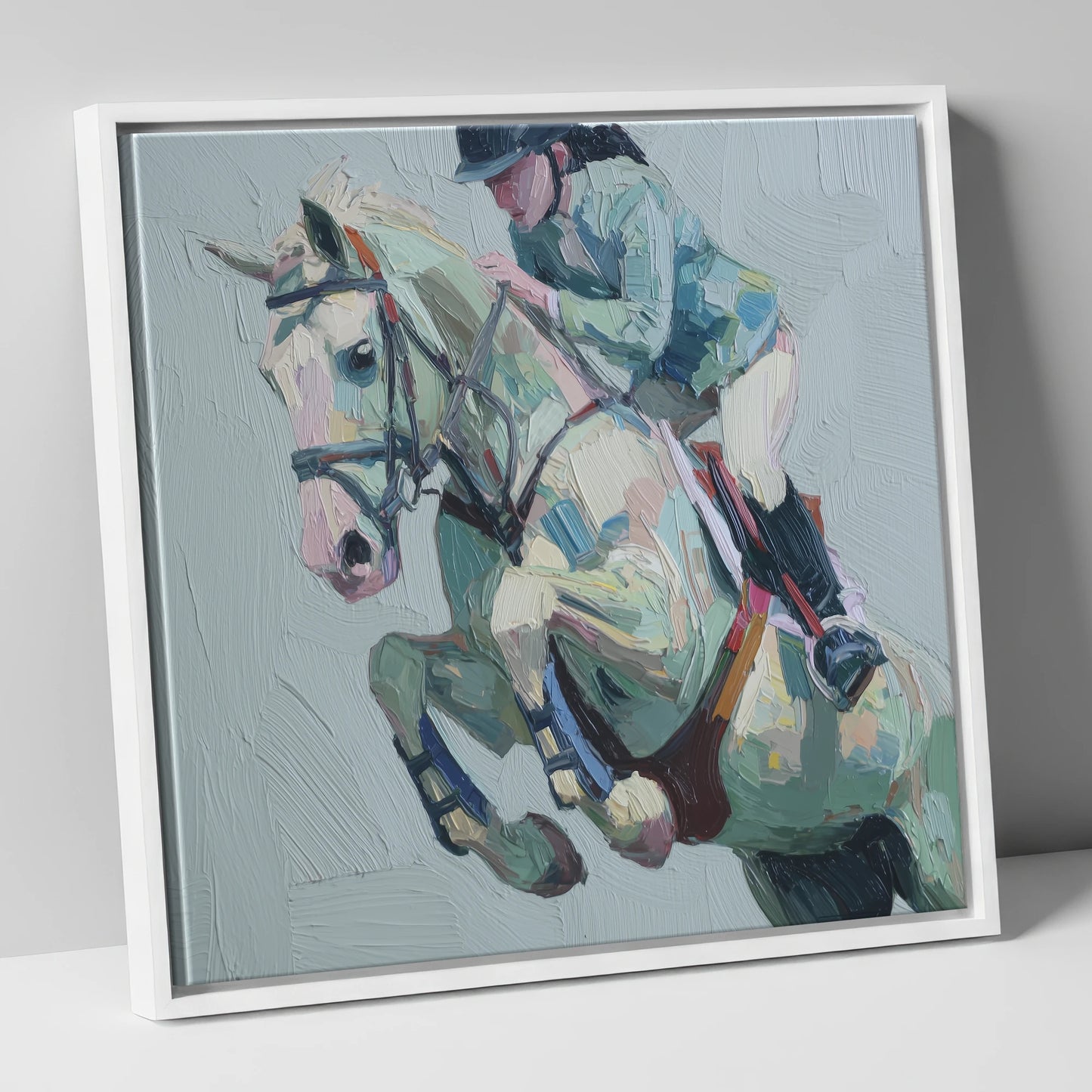 Pastel Flight Mid-Air show jumping horse canvas wall art in white frame