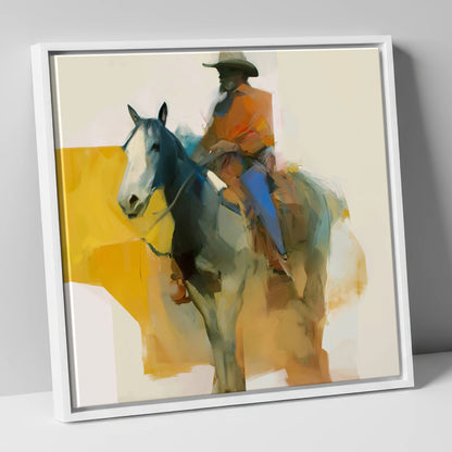 Golden Hour Cowboy western horse canvas wall art in white frame