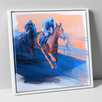 The Blue Furlong racing horse canvas wall art in white frame