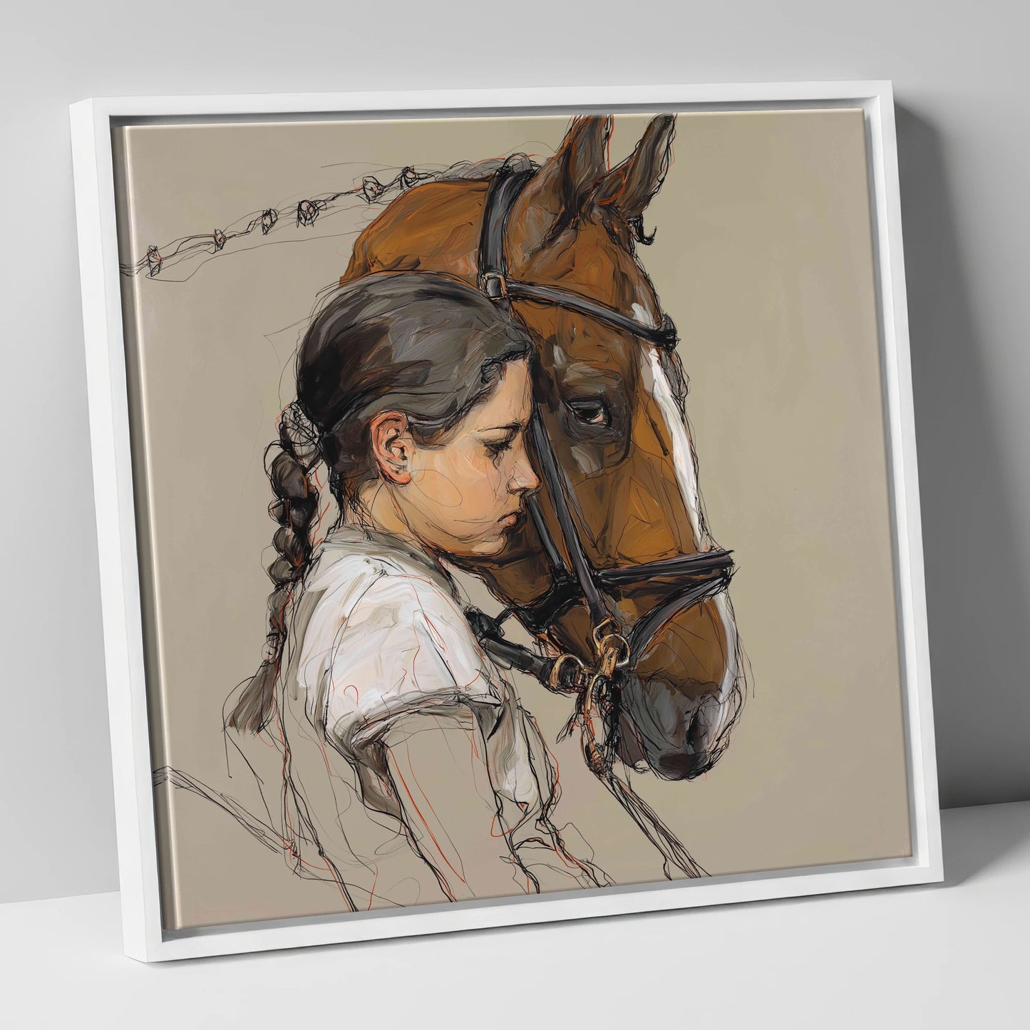 The Quiet Bond horse & rider canvas wall art in white frame