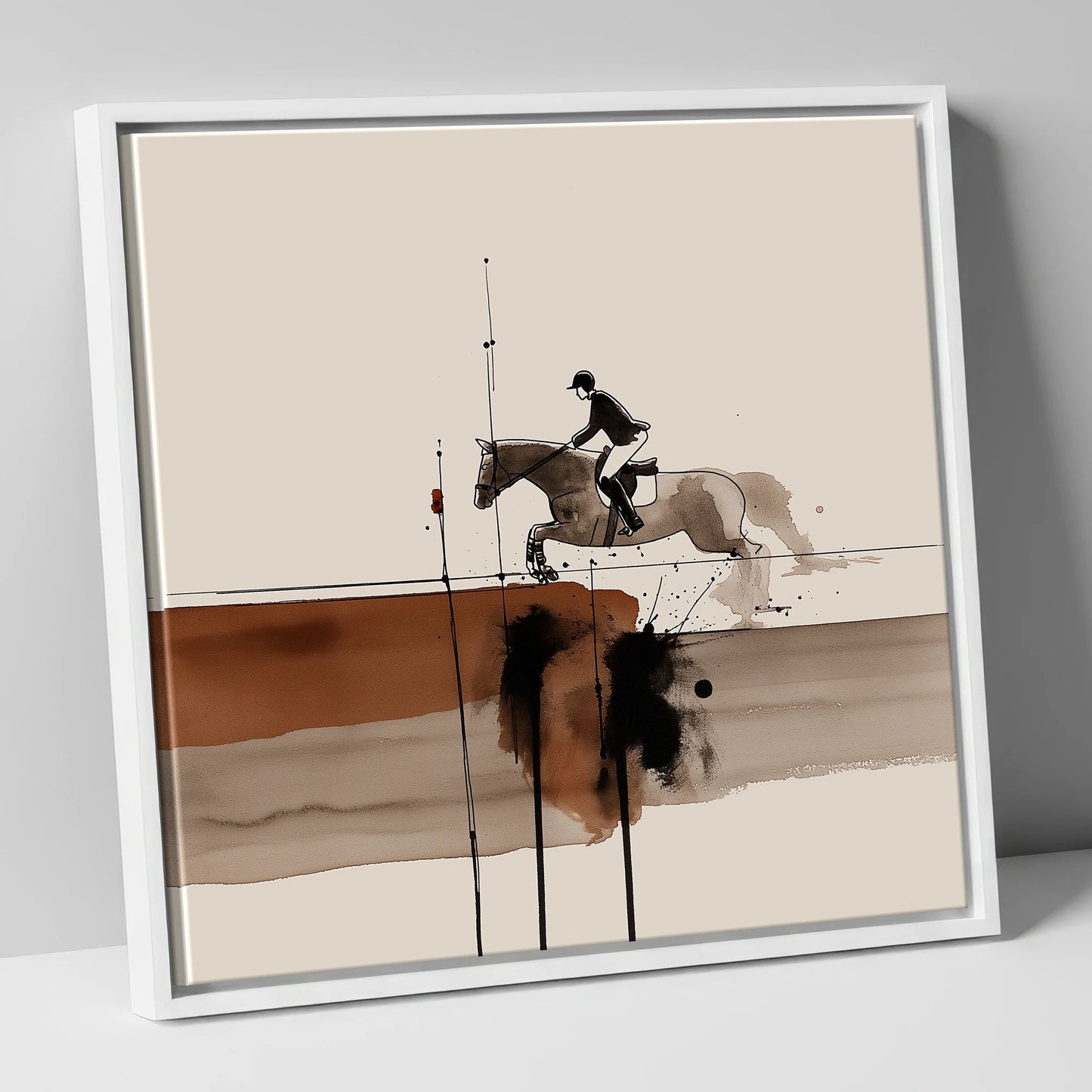 Airborne in Sepia show jumping horse canvas wall art in white frame