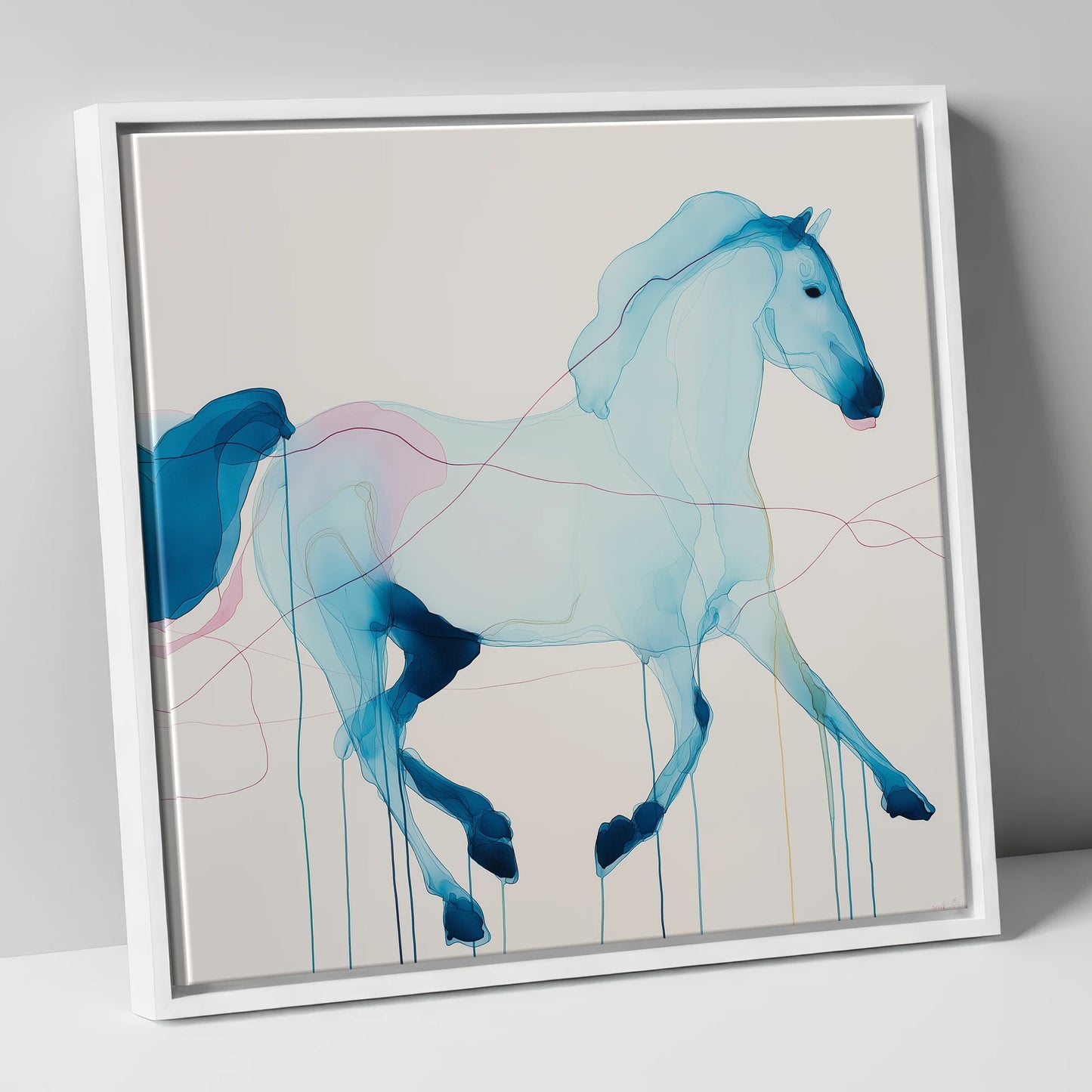 Fluidity in Azure horse breed canvas wall art in white frame