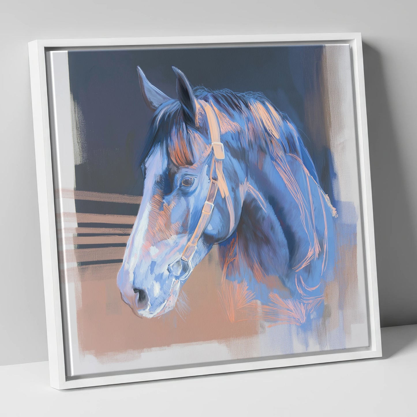 Serene Blue Profile horse portrait canvas wall art in white frame