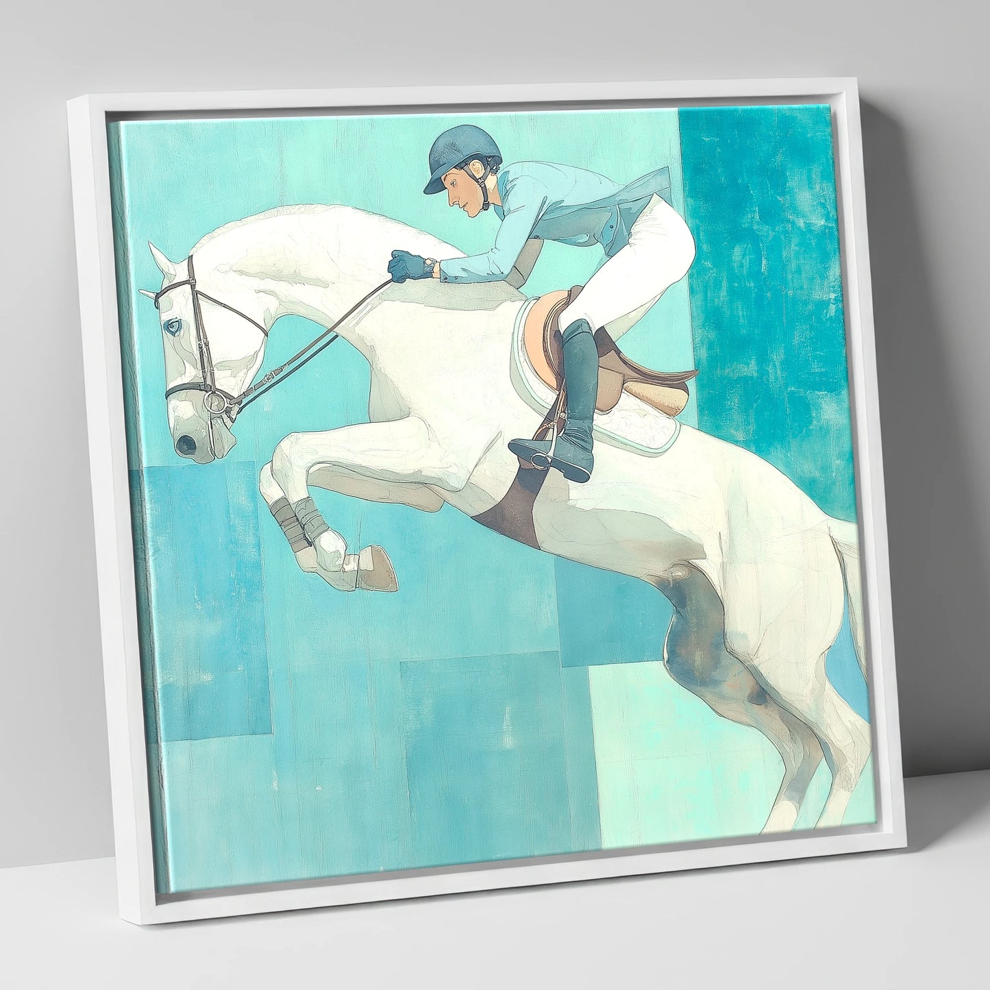 Aquamarine Flight show jumping horse canvas wall art in white frame
