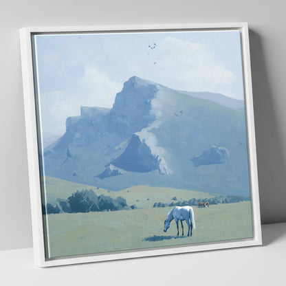 Beneath the Blue Peaks horse landscape canvas wall art in white frame