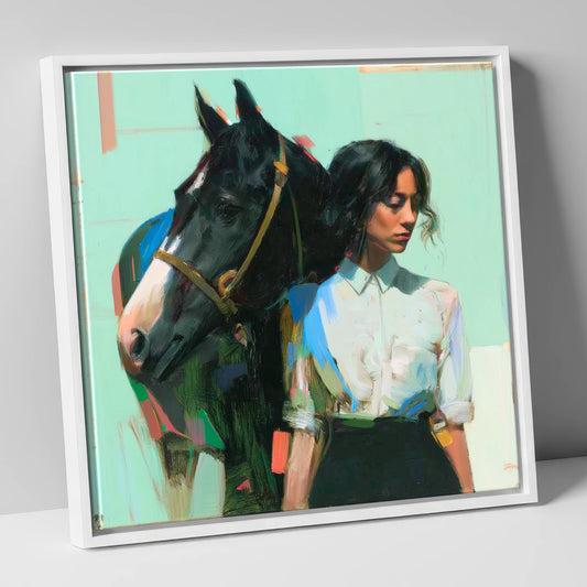 The Shared Silence horse & rider canvas wall art in white frame