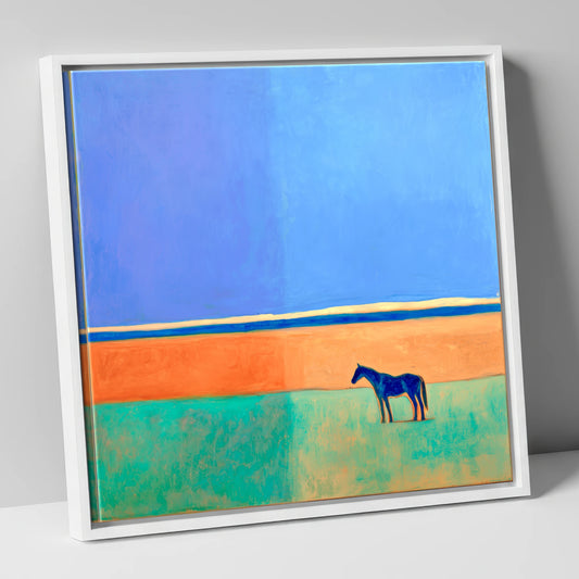 Cobalt Horizon horse landscape canvas wall art in white frame